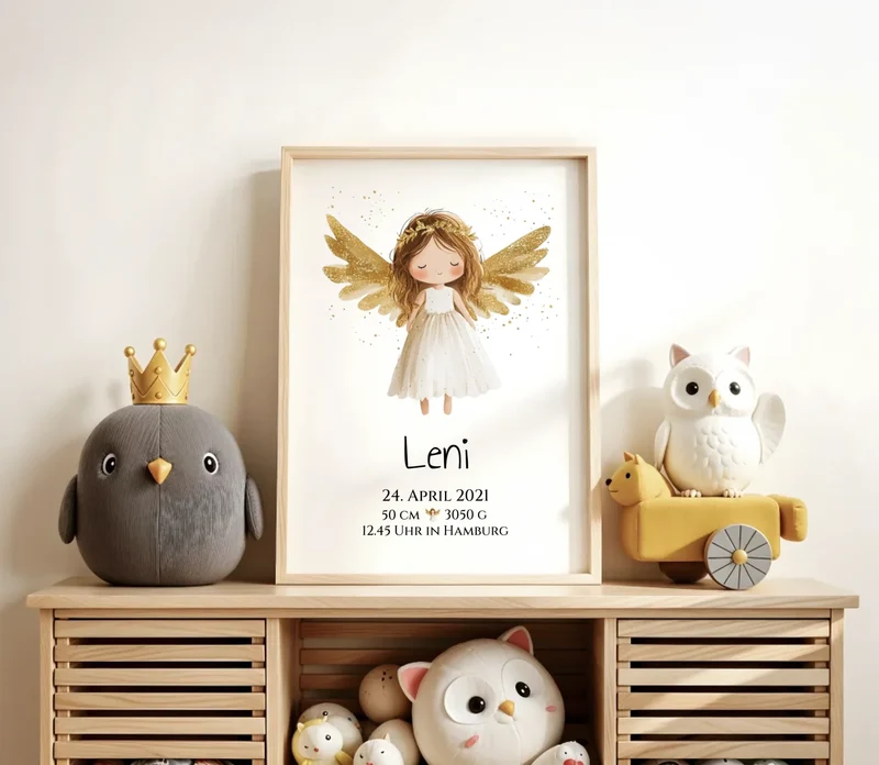 Personalisiertes Babygeschenk zur Geburt & Taufe mit Schutzengel, Geburtdaten oder Taufdaten