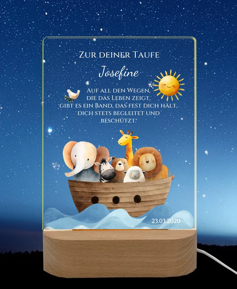 Zur Taufe Taufgeschenk Mädchen / Junge - Personalisiertes Baby & Kinder LED Nachtlicht Arche Noah - Geschenk Geburt