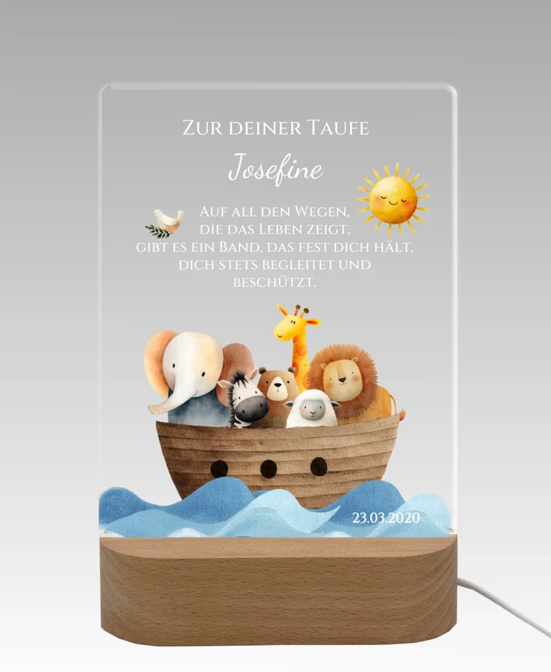 Zur Taufe Taufgeschenk Mädchen / Junge - Personalisiertes Baby & Kinder LED Nachtlicht Arche Noah - Geschenk Geburt
