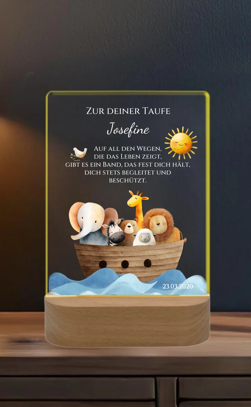 Zur Taufe Taufgeschenk Mädchen / Junge - Personalisiertes Baby & Kinder LED Nachtlicht Arche Noah - Geschenk Geburt