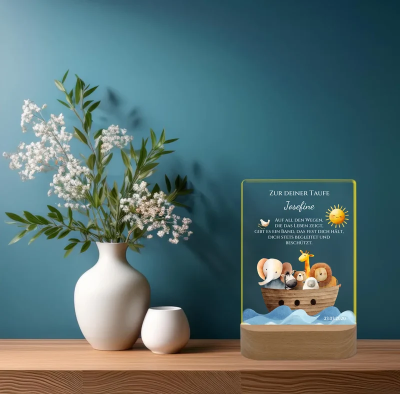 Zur Taufe Taufgeschenk Mädchen / Junge - Personalisiertes Baby & Kinder LED Nachtlicht Arche Noah - Geschenk Geburt