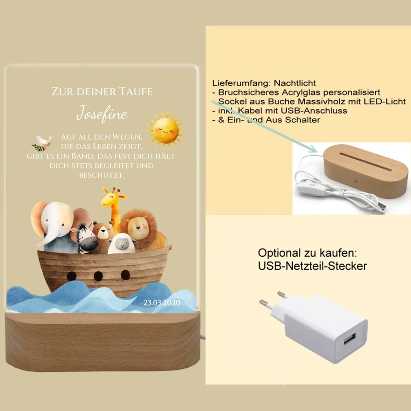 Zur Taufe Taufgeschenk Mädchen / Junge - Personalisiertes Baby & Kinder LED Nachtlicht Arche Noah - Geschenk Geburt