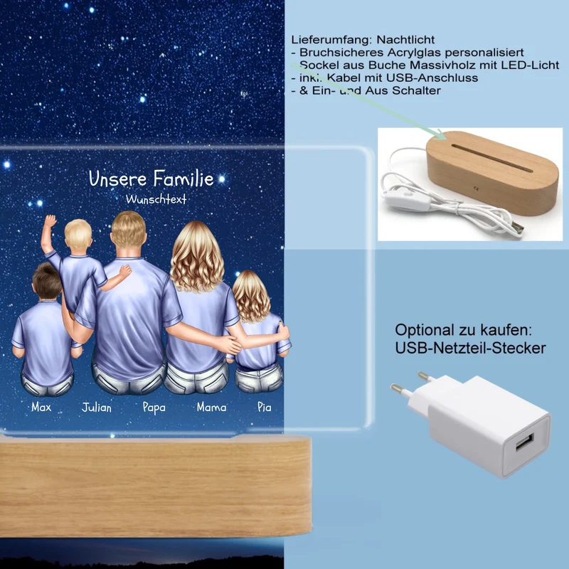 Personalisiertes LED Deko Licht ''Familie mit 3 Kindern'' Geschenk Geburtstag - Muttertag / Vatertag