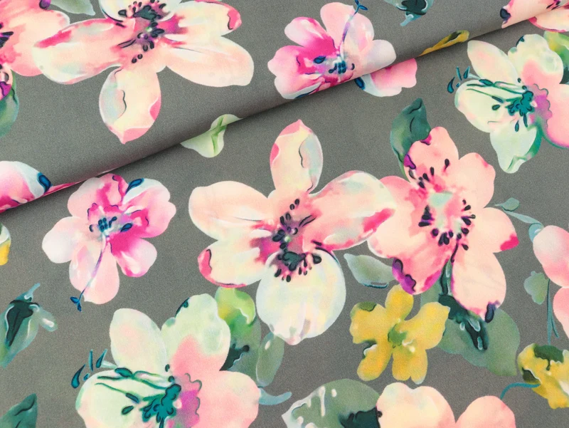 Reststück 95cm - Viskose Webware Radiance Floral bunt auf Altgrün Digitalprint