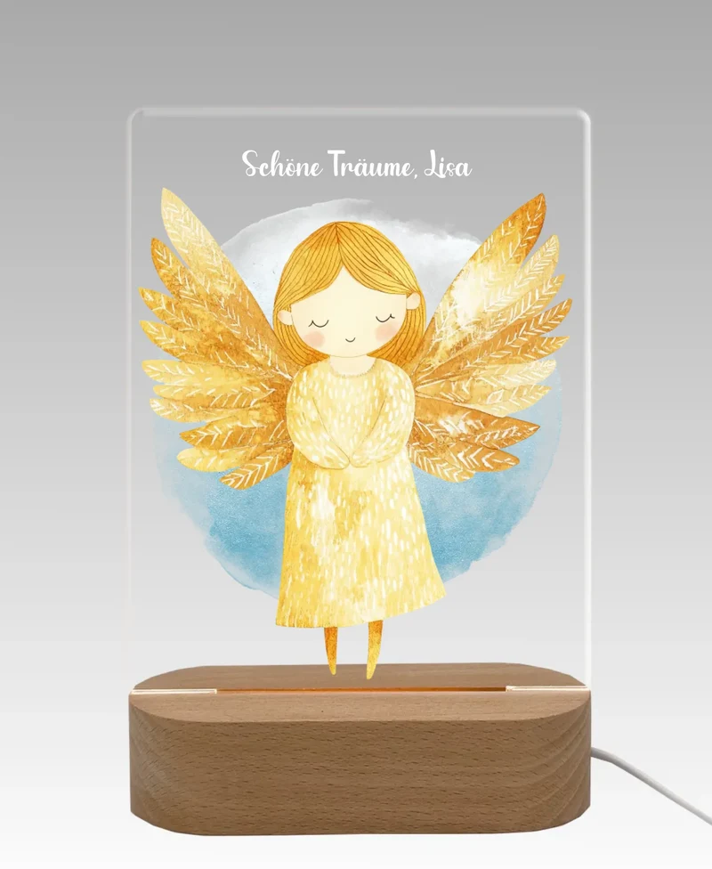 Personalisiertes LED Nachtlicht für Babys und Kinder mit Schutzengel, Wunschtext und Name