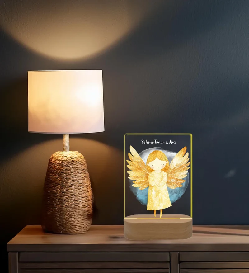 Personalisiertes LED Nachtlicht für Babys und Kinder mit Schutzengel, Wunschtext und Name