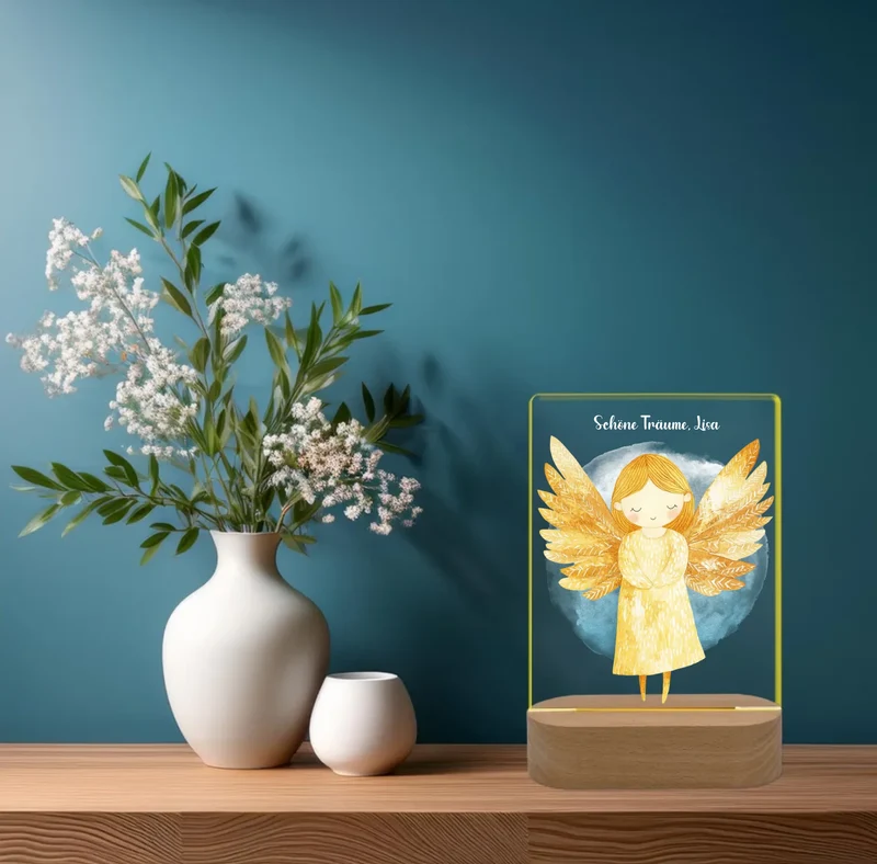 Personalisiertes LED Nachtlicht für Babys und Kinder mit Schutzengel, Wunschtext und Name