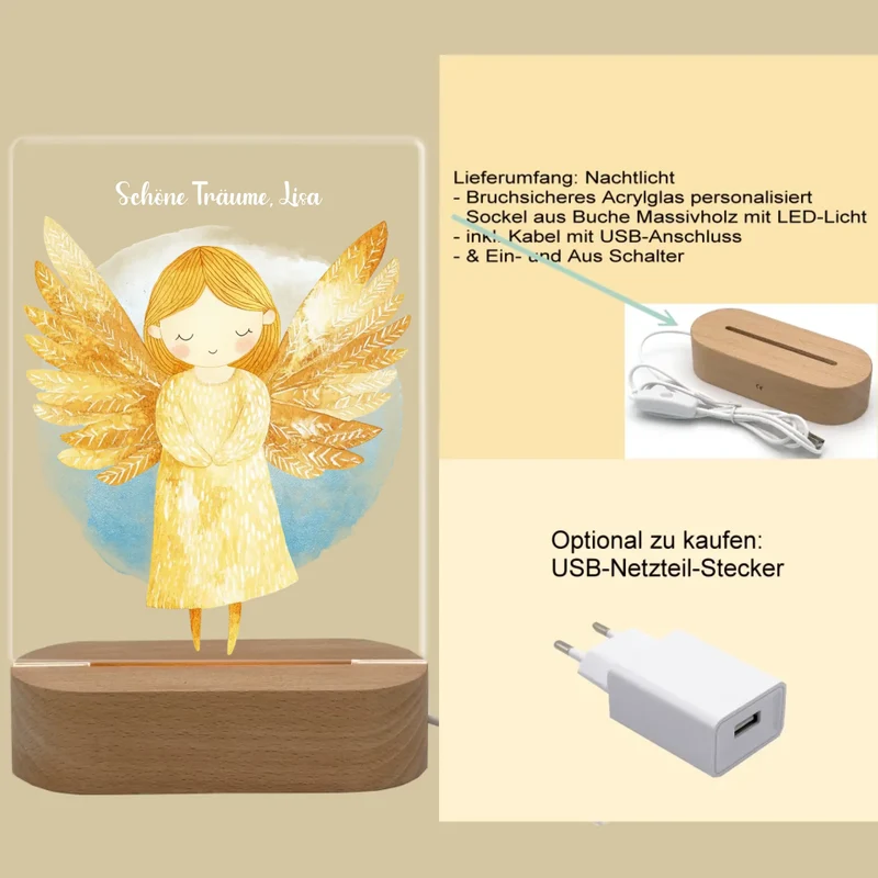 Personalisiertes LED Nachtlicht für Babys und Kinder mit Schutzengel, Wunschtext und Name