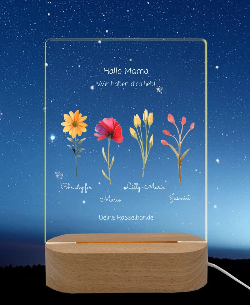 Individuelles LED-Dekolicht "Mamas/Omas Garten" personalisiert mit Blumen und Kindernamen - für Mama, Ehefrau & Oma