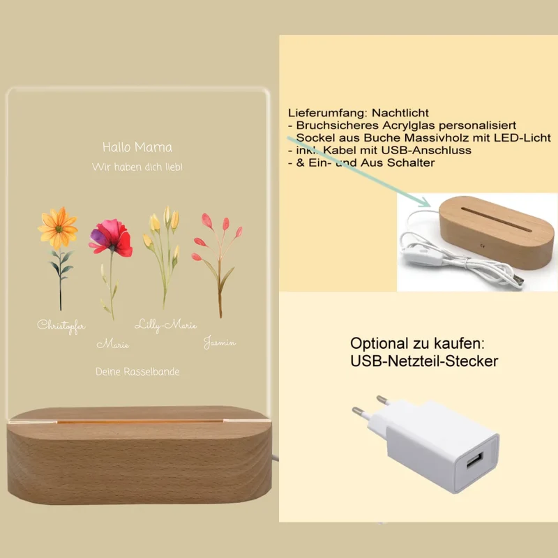 Individuelles LED-Dekolicht "Mamas/Omas Garten" personalisiert mit Blumen und Kindernamen - für Mama, Ehefrau & Oma