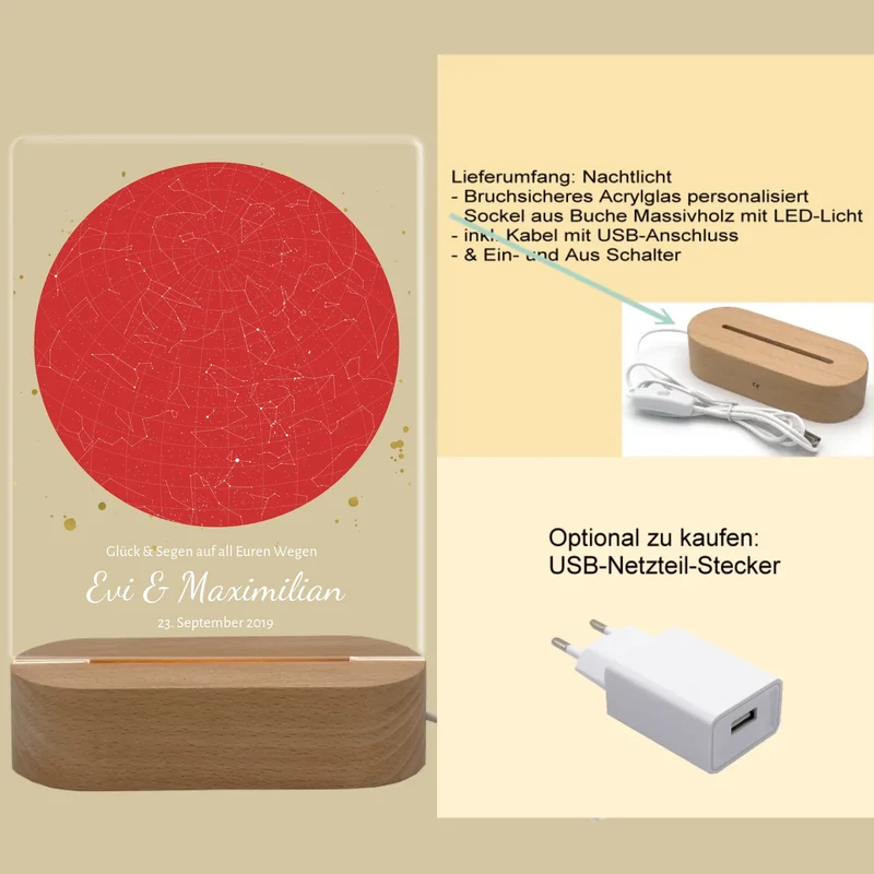 Personalisiertes LED Nachtlicht ''Unser Himmel'' Sternenhimmel rot Hochzeitsgeschenk