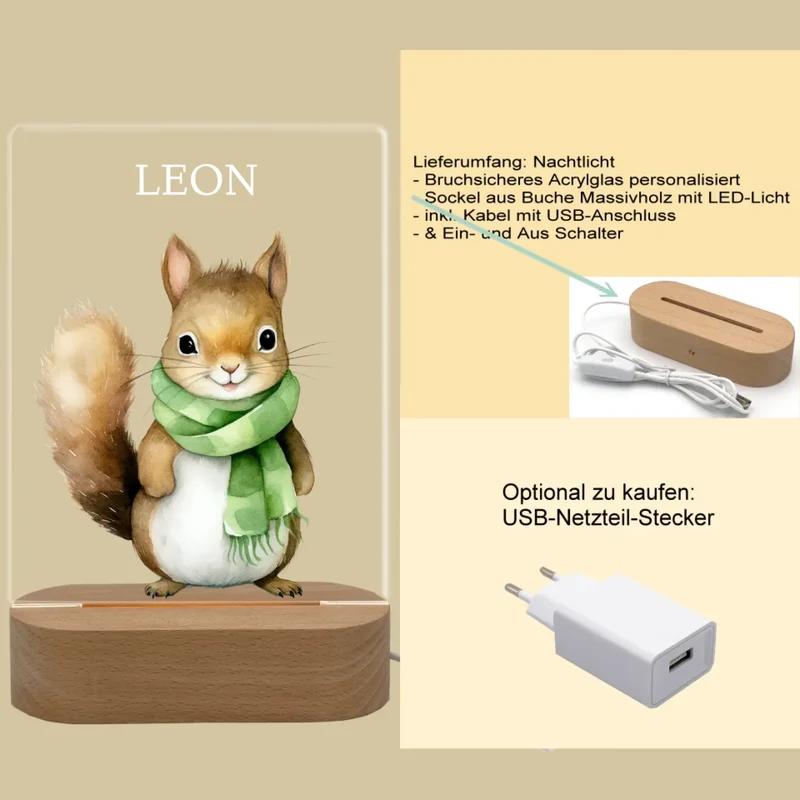 Personalisiertes LED Nachtlicht für Kinder - kleines Eichhörnchen mit Name