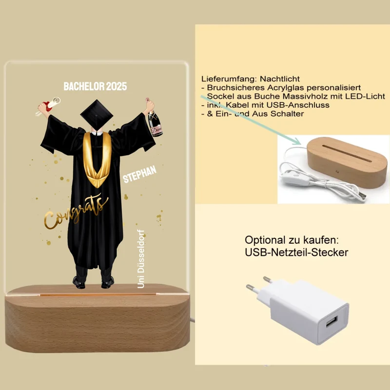 Personalisiertes Nachtlicht Abschlussgeschenk – Abitur, Bachelor, Master, Doktor, Ausbildung für Männer