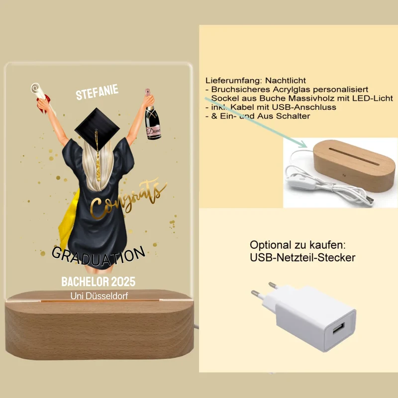 Personalisiertes LED Nachtlicht Geschenk zum Abi, Bachelor, Master, Doktor Abschlussgeschenk für Frauen