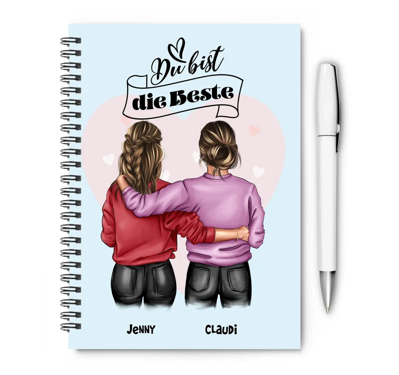 Personalisierter Collegeblock für Mädchen, 2 beste Freundinnen mit Namen und Spruch für Schule, Studium, Geburtstag
