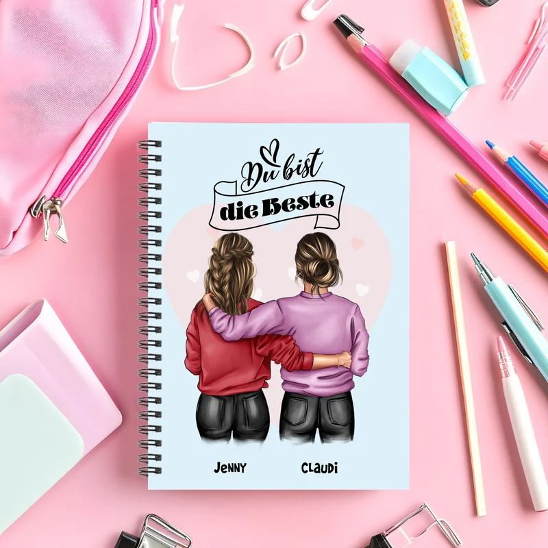 Personalisierter Collegeblock für Mädchen, 2 beste Freundinnen mit Namen und Spruch für Schule, Studium, Geburtstag