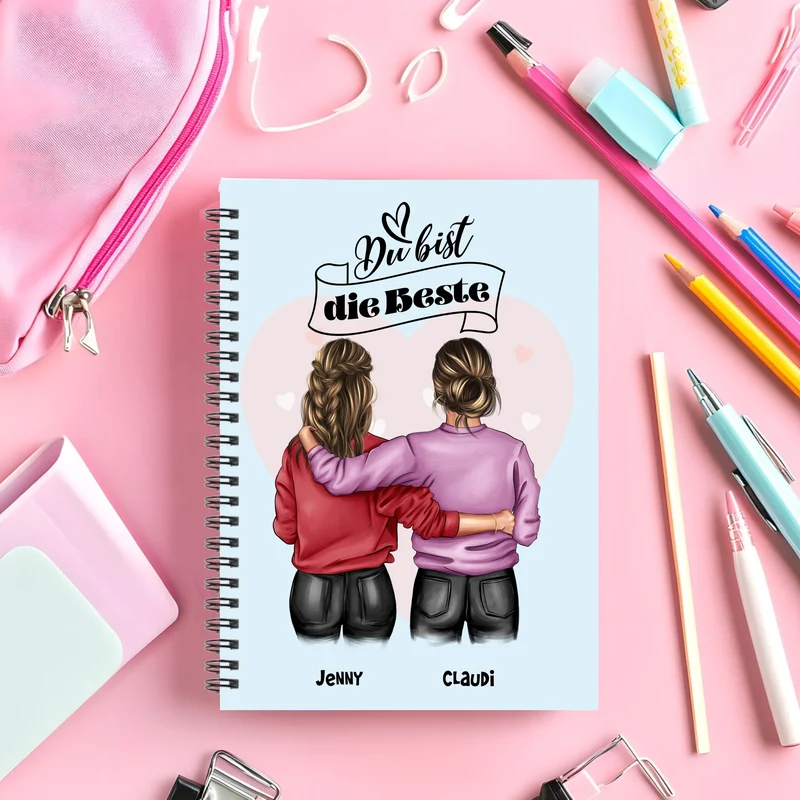 Personalisierter Collegeblock für Mädchen, 2 beste Freundinnen mit Namen und Spruch für Schule, Studium, Geburtstag