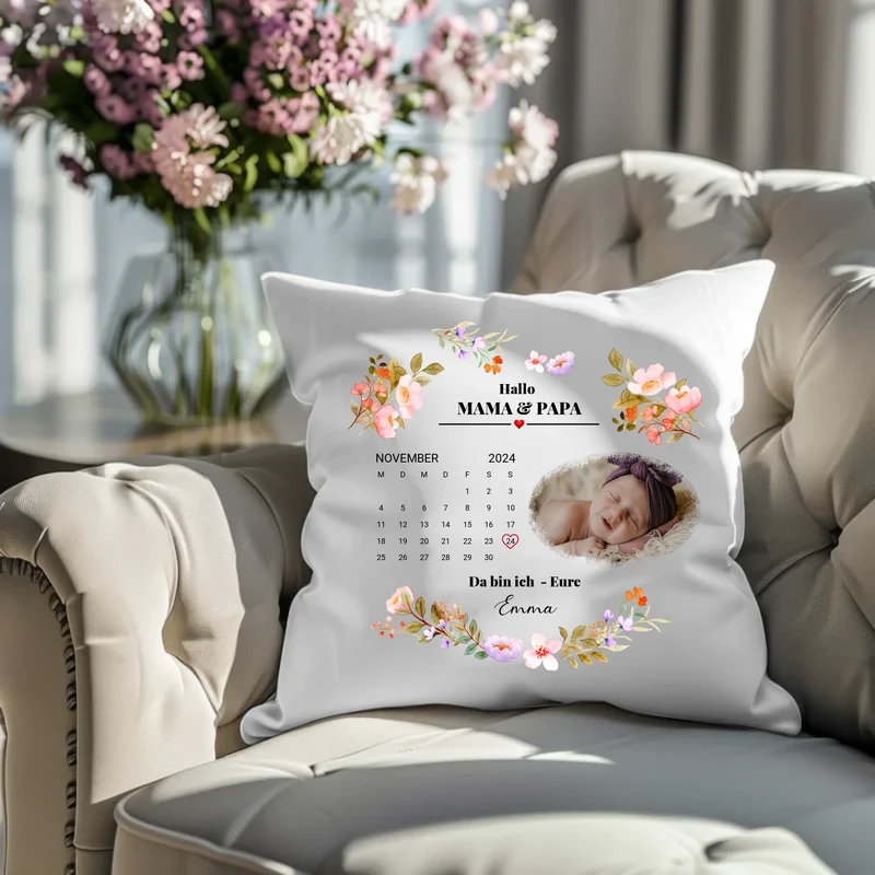 Babykissen - Der Tag, an dem du meine Mama, Papa, Oma, Opa Großeltern wurdest – personalisiertes Baby Deko Kissen mit Foto, Datum und Namen
