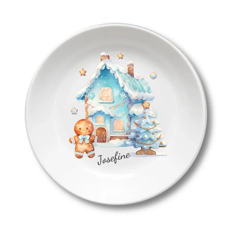 Kinderteller Lebkuchenhaus - Weihnachtsteller mit Namen personalisiert, Kindergeschirr blau