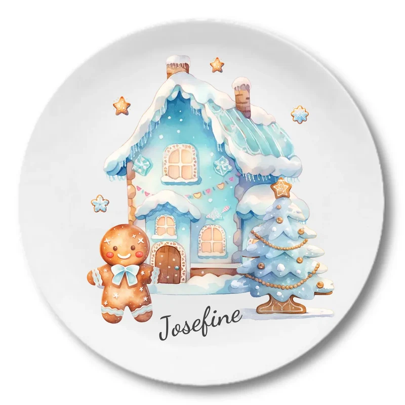 Kinderteller Lebkuchenhaus - Weihnachtsteller mit Namen personalisiert, Kindergeschirr blau