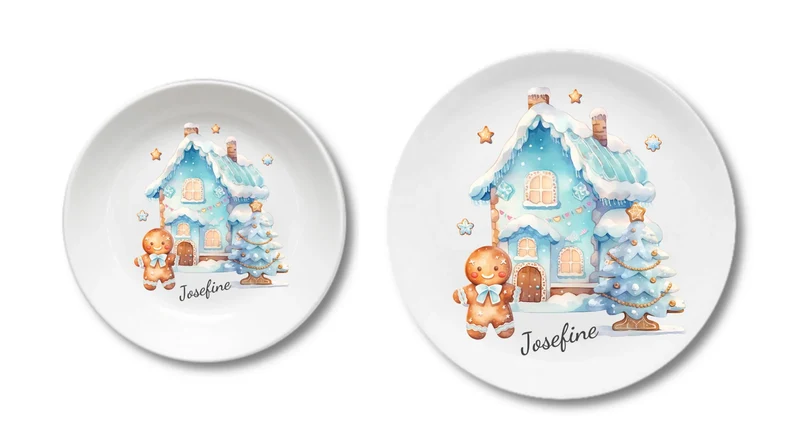 Kinderteller Lebkuchenhaus - Weihnachtsteller mit Namen personalisiert, Kindergeschirr blau