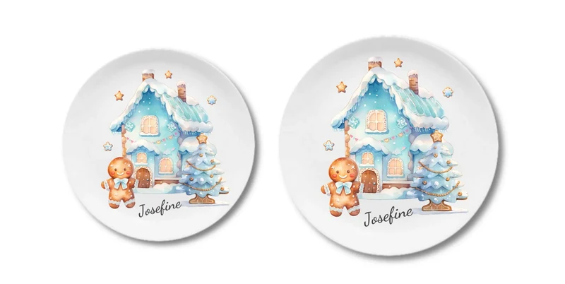 Kinderteller Lebkuchenhaus - Weihnachtsteller mit Namen personalisiert, Kindergeschirr blau