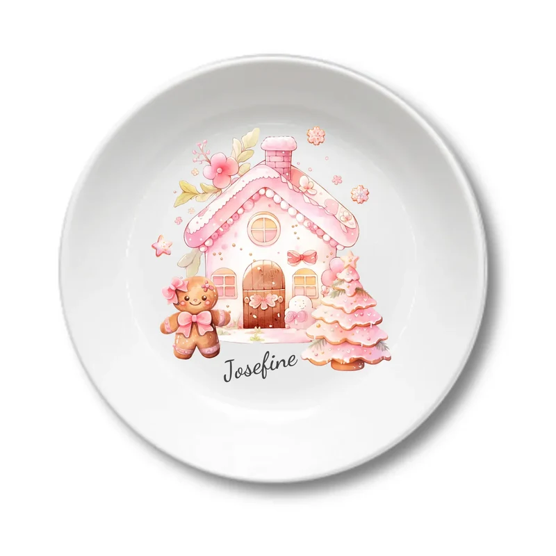 Kinderteller Lebkuchenhaus - Weihnachtsteller mit Namen personalisiert, Kindergeschirr pink
