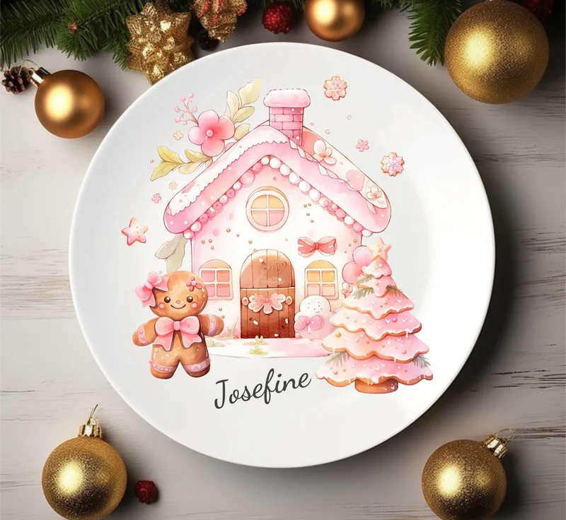 Kinderteller Lebkuchenhaus - Weihnachtsteller mit Namen personalisiert, Kindergeschirr pink