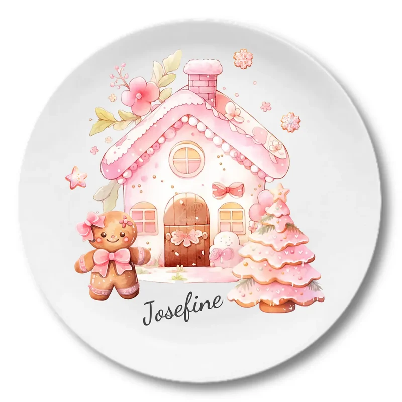 Kinderteller Lebkuchenhaus - Weihnachtsteller mit Namen personalisiert, Kindergeschirr pink