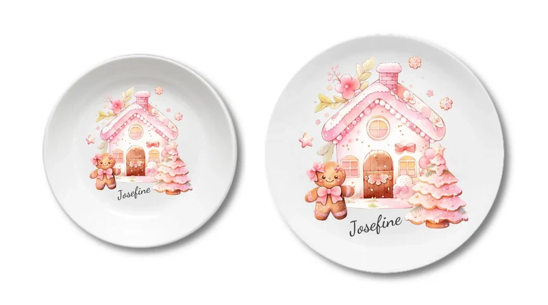 Kinderteller Lebkuchenhaus - Weihnachtsteller mit Namen personalisiert, Kindergeschirr pink