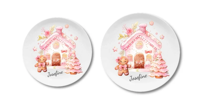 Kinderteller Lebkuchenhaus - Weihnachtsteller mit Namen personalisiert, Kindergeschirr pink