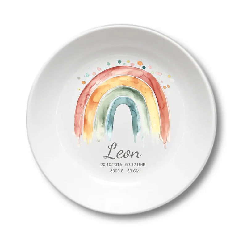 Personalisierter Kinderteller Regenbogen Mädchen Kindergeschirr Teller | Geschenk 1. Geburtstag, Einschulung