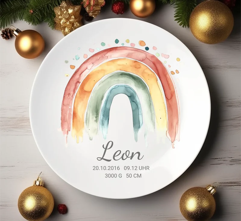 Personalisierter Kinderteller Regenbogen Mädchen Kindergeschirr Teller | Geschenk 1. Geburtstag, Einschulung