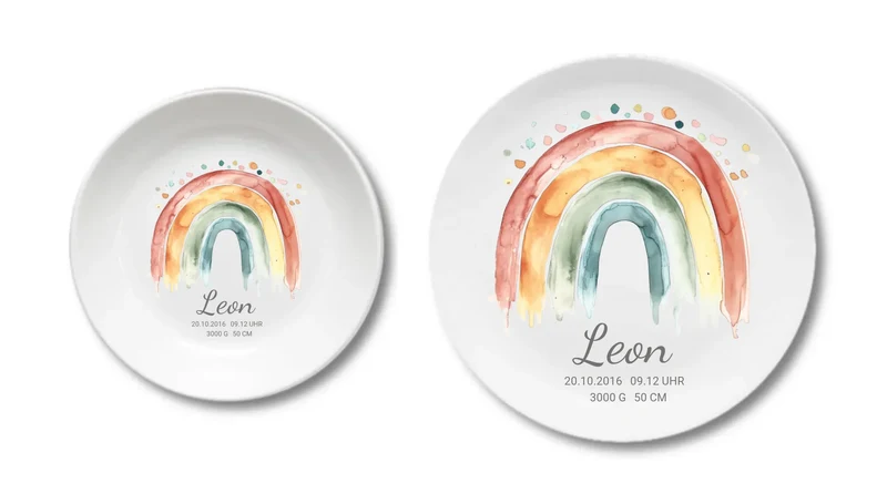 Personalisierter Kinderteller Regenbogen Mädchen Kindergeschirr Teller | Geschenk 1. Geburtstag, Einschulung