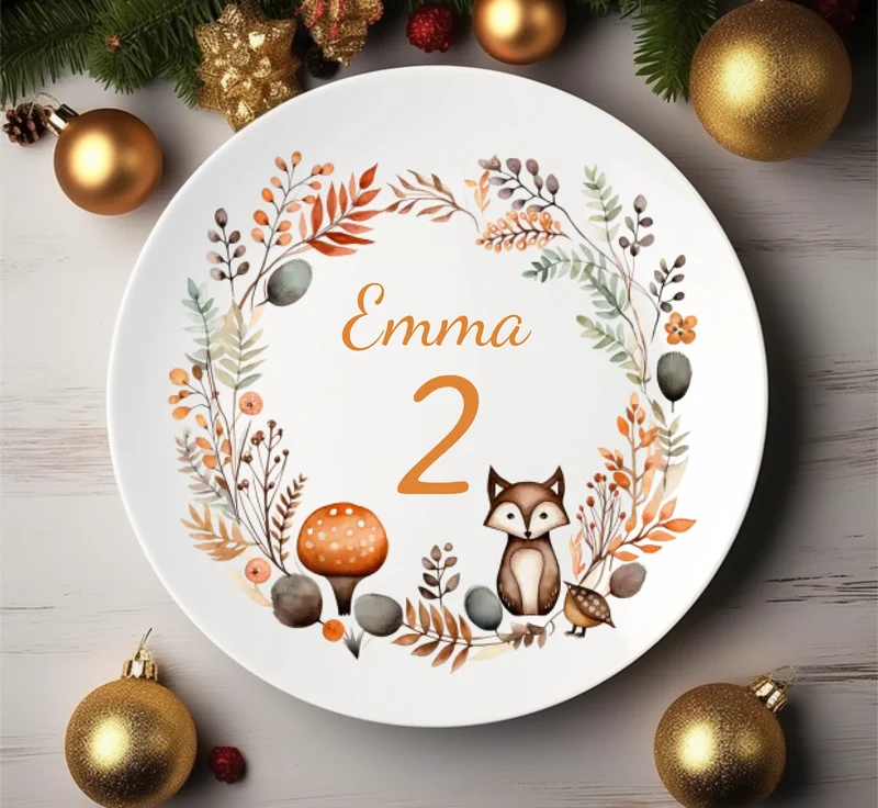 Personalisierter Kinderteller Kranz mit Fuchs Kindergeschirr Teller 1. Geburtstag, Geburtstagsgeschenk, Geschenk Einschulung