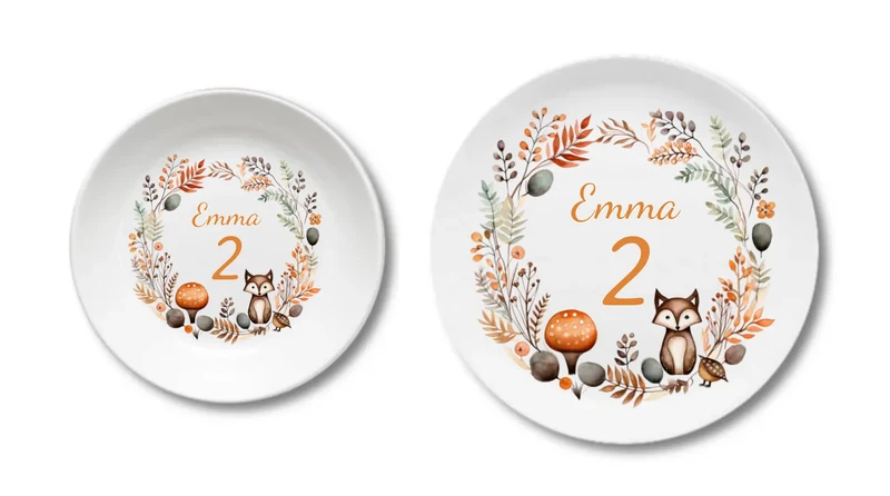 Personalisierter Kinderteller Kranz mit Fuchs Kindergeschirr Teller 1. Geburtstag, Geburtstagsgeschenk, Geschenk Einschulung