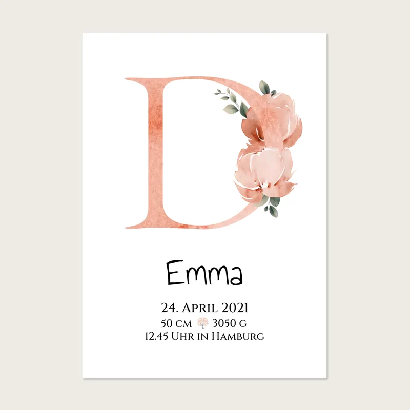 Personalisiertes Poster zur Geburt & Taufe mit Monogramm Buchstabe, Geburtdaten oder Taufdaten