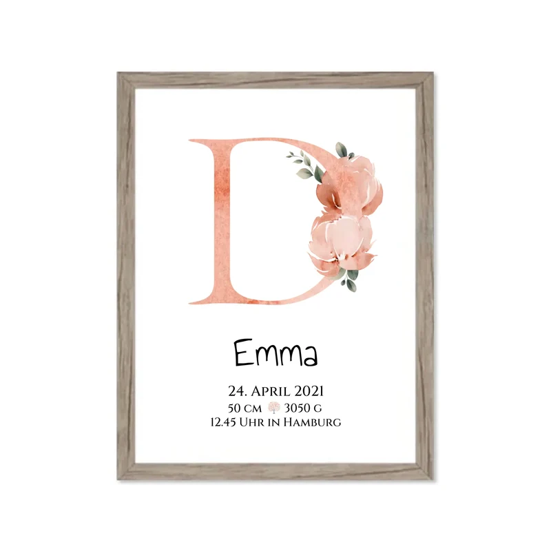 Personalisiertes Poster zur Geburt & Taufe mit Monogramm Buchstabe, Geburtdaten oder Taufdaten