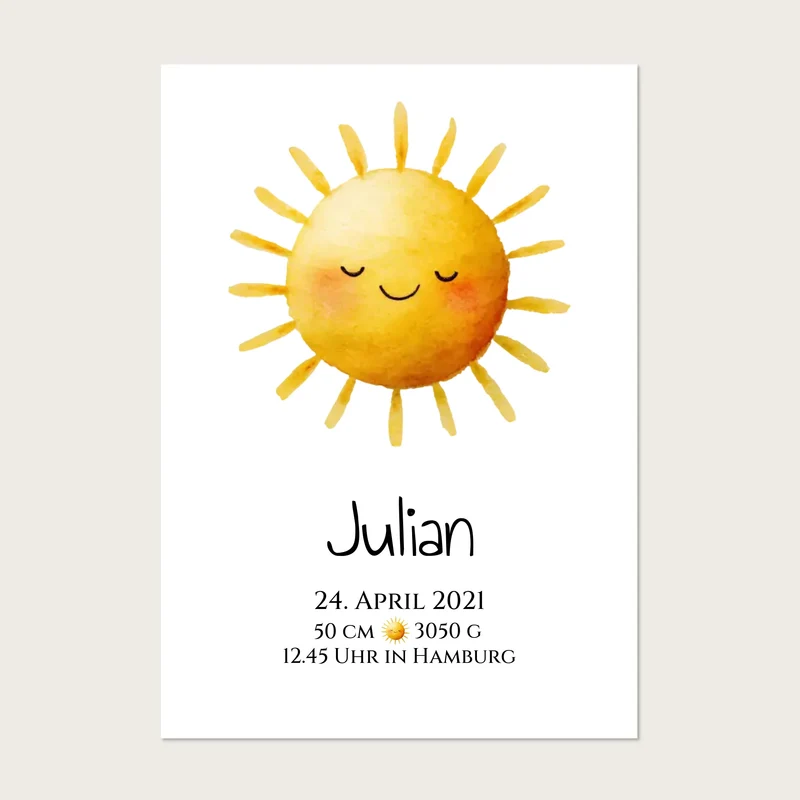 Personalisiertes Poster zur Geburt oder Taufe mit Sonne, Geburtdaten oder Taufdaten kaufen