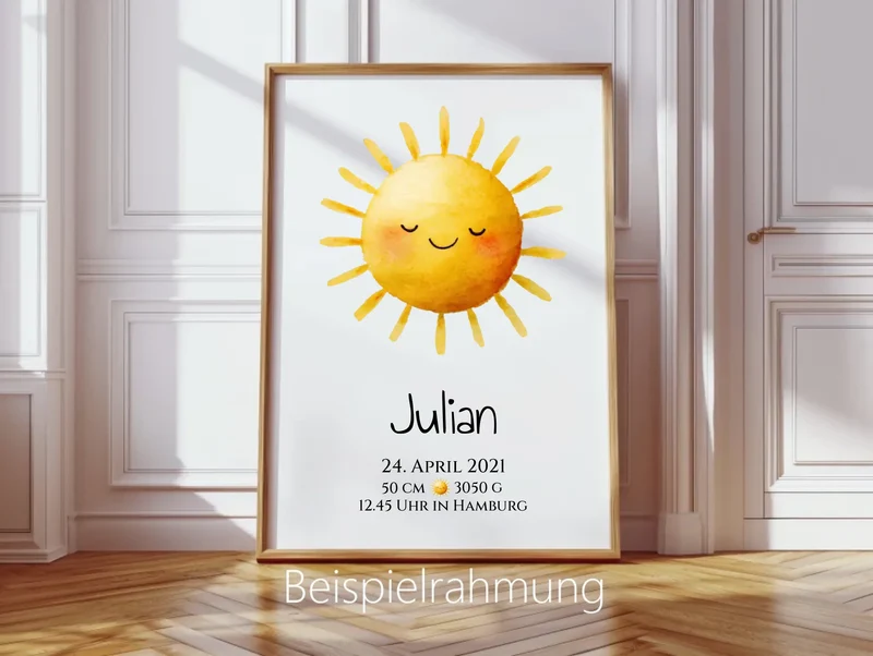 Personalisiertes Poster zur Geburt oder Taufe mit Sonne, Geburtdaten oder Taufdaten kaufen