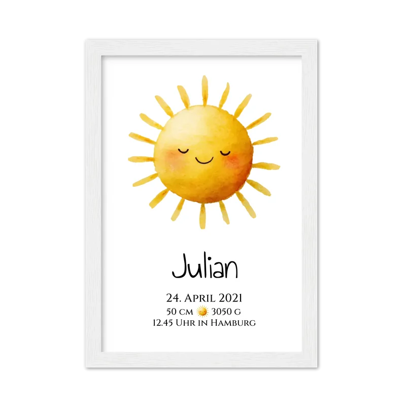 Personalisiertes Poster zur Geburt oder Taufe mit Sonne, Geburtdaten oder Taufdaten kaufen