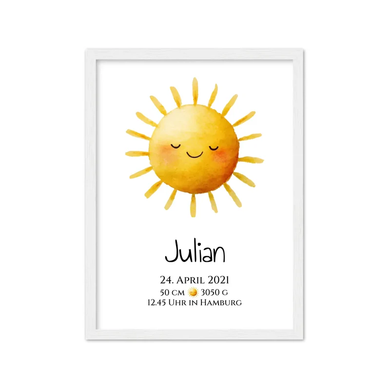 Personalisiertes Poster zur Geburt oder Taufe mit Sonne, Geburtdaten oder Taufdaten kaufen