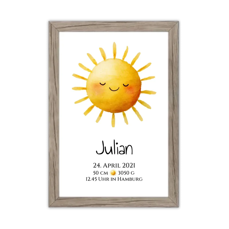 Personalisiertes Poster zur Geburt oder Taufe mit Sonne, Geburtdaten oder Taufdaten kaufen