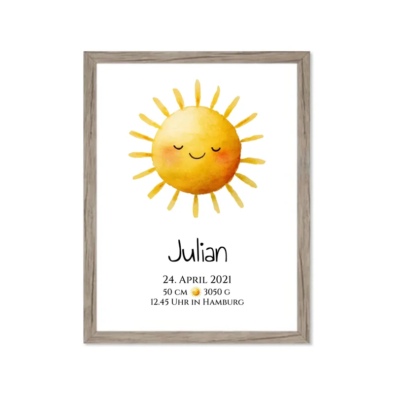 Personalisiertes Poster zur Geburt oder Taufe mit Sonne, Geburtdaten oder Taufdaten kaufen