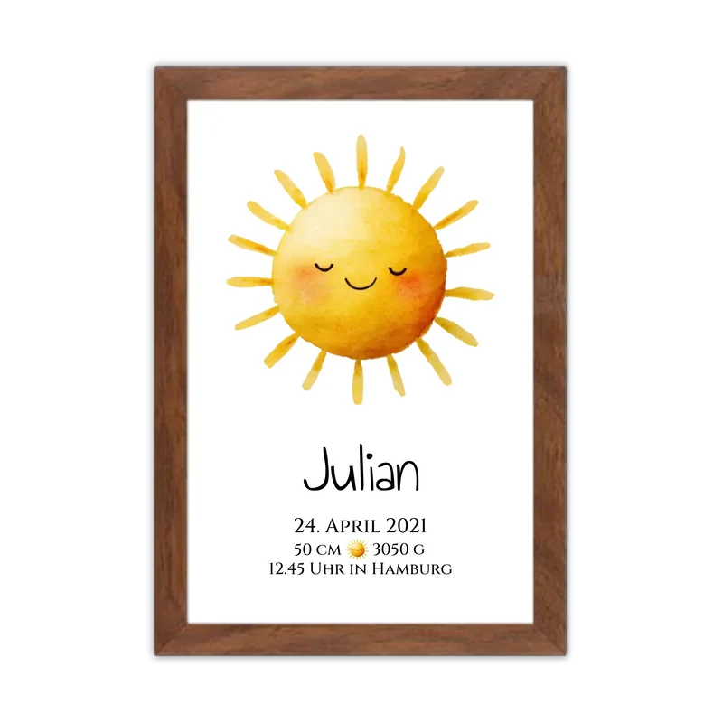 Personalisiertes Poster zur Geburt oder Taufe mit Sonne, Geburtdaten oder Taufdaten kaufen