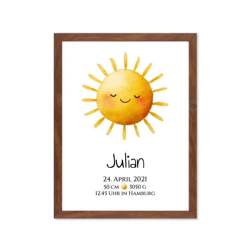 Personalisiertes Poster zur Geburt oder Taufe mit Sonne, Geburtdaten oder Taufdaten kaufen