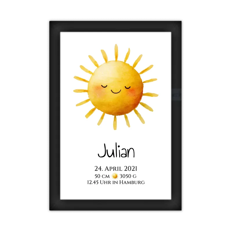 Personalisiertes Poster zur Geburt oder Taufe mit Sonne, Geburtdaten oder Taufdaten kaufen