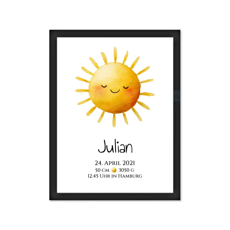 Personalisiertes Poster zur Geburt oder Taufe mit Sonne, Geburtdaten oder Taufdaten kaufen