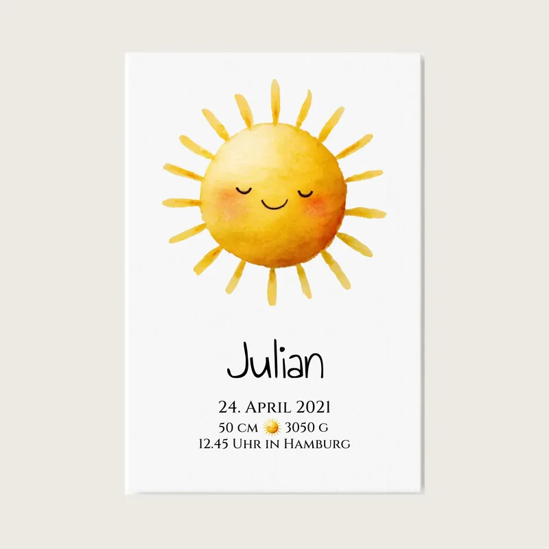 Personalisiertes Poster zur Geburt oder Taufe mit Sonne, Geburtdaten oder Taufdaten kaufen