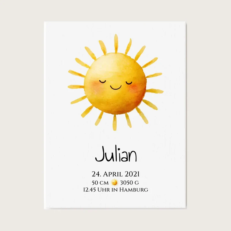 Personalisiertes Poster zur Geburt oder Taufe mit Sonne, Geburtdaten oder Taufdaten kaufen